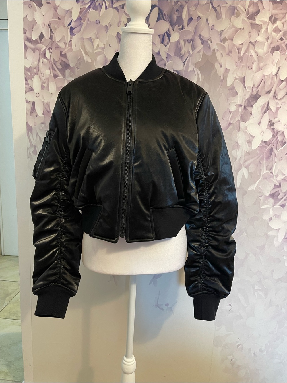 AllSaints Callie Shine Crop Faux Leather Bomber Jacket size US 8